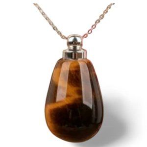 Beautiful Natural Tiger Eye Gemstone CREMATION URN with 24" Steel Chain Necklace